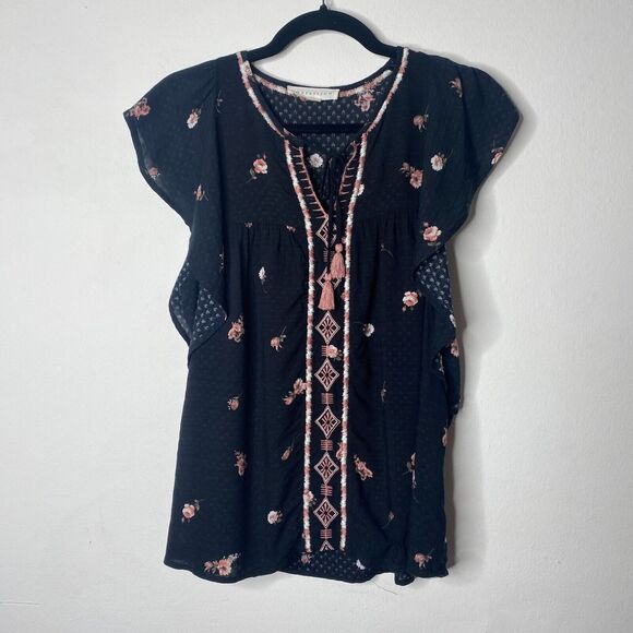 Lovestitch Black Pink White Floral Aztec Front Tie Side Ruffle Sleeveless Top SM - Picture 1 of 11